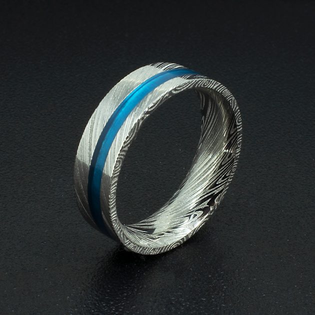 Gents Bespoke Damascus Steel Wedding Ring with Blue Resin Inlay