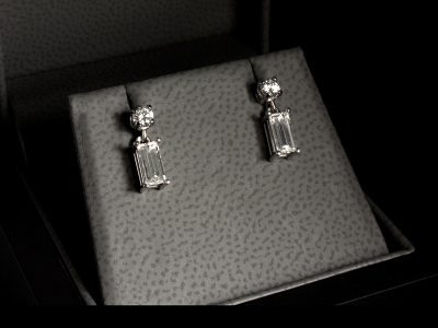 18kt White Gold Diamond Drop Earrings, 4 Claw Set Design, Baguette Cut Lab Grown Diamonds 0.67ct Total (2), Round Brilliant Cut Lab Grown Diamonds 0.22ct Total (2)