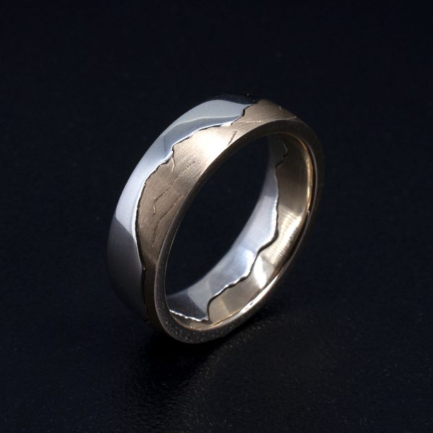 Gents Stacking Wedding Ring in Mixed Metals with Scottish Mountain Design