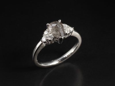 Ladies Salt and Pepper Diamond Engagement Ring, Platinum Claw Set Design, Pear Shape Salt and Pepper Diamond 1.34ct, Round Brilliant Cut Diamonds 0.18ct Total (6)