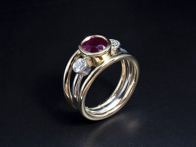 Ladies Ruby and Diamond Dress Ring, Platinum and 18kt Yellow Gold Rub over Set Design, Cushion Cut Ruby 1.64ct, Round Brilliant Cut Diamonds 0.29ct Total (2)