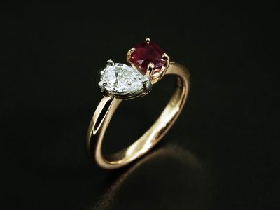 Ladies Ruby and Diamond Engagement Ring, 18kt Yellow Gold and Platinum Claw Set Design, Pear Cut Lab Grown Diamond 0.41ct, Oval Cut Ruby 0.55ct