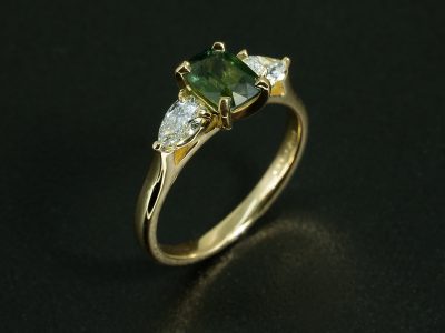 Ladies Sapphire and Diamond Engagement Ring, 18kt Yellow Gold Claw Set Trilogy Design, Elongated Cushion Cut Green Sapphire 1.14ct, Pear Cut Lab Grown Diamonds 0.42ct (2)
