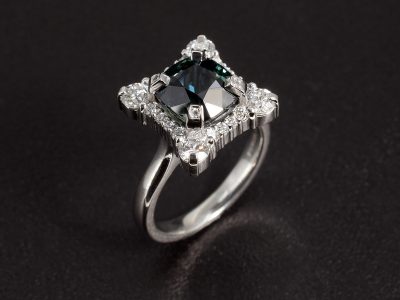 Ladies Sapphire and Diamond Halo Engagement Ring, Platinum Claw Set Design, Cushion Cut Teal Sapphire 3.01ct, Round Brilliant Cut Lab Grown Diamonds 0.85ct (24)