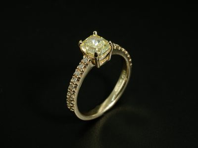 Ladies Yellow Diamond Engagement Ring, 18kt Yellow Gold Claw and Castle Set, Cushion Cut Fancy Yellow Diamond 1.01ct, Round Brilliant Cut Diamond Shoulders 0.22ct (16)