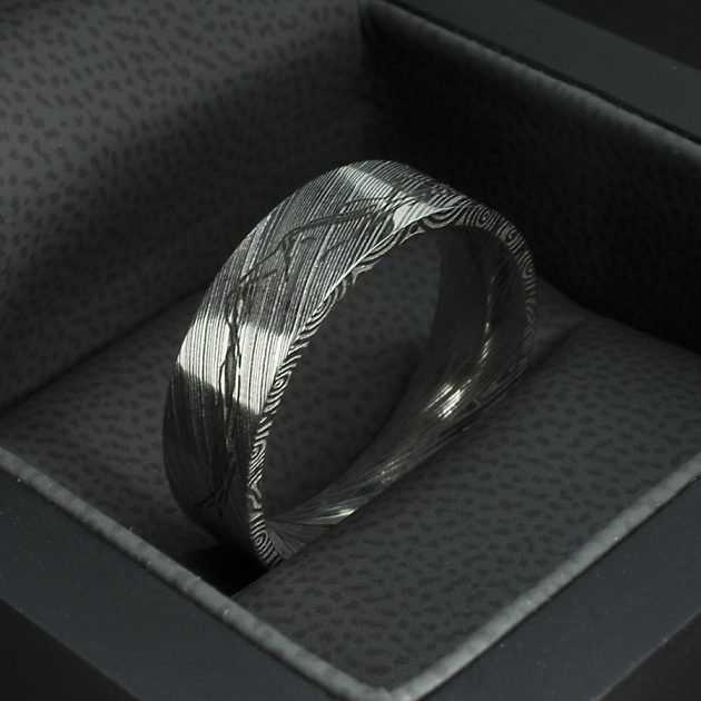 Bespoke Gents Damascus Steel Wedding Ring Heimskringla Pattern with Grampian Mountains Engraving