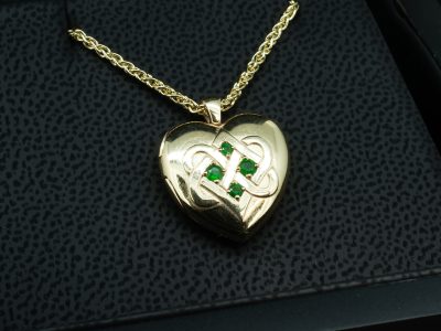 18kt Yellow Gold Loveheart Pendant, Celtic Inspired Design, Claw Set Emeralds