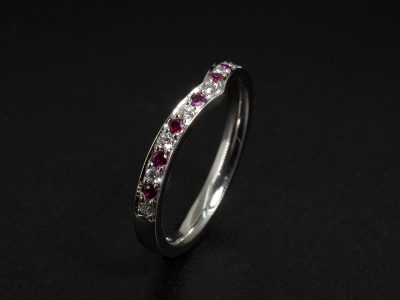 Ladies Diamond and Ruby Eternity Ring, Platinum Pavé Set Wishbone Shape Design, Round Brilliant Cut Diamonds 0.10ct Total (9), Round Cut Rubies 0.14ct Total (8)
