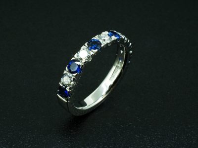 Ladies Diamond and Sapphire Eternity Ring, Platinum Castle Set Design, Round Brilliant Cut Lab Grown Diamonds 0.65ct Total (5), Round Cut Blue Sapphires 0.86ct Total (6)