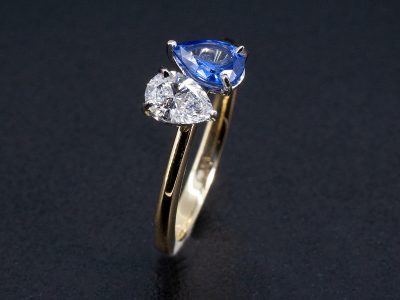 Ladies Diamond and Sapphire Toi et Moi Engagement Ring, 9kt Yellow Gold and Platinum Claw Set Design, Pear Cut Lab Grown Diamond 0.33ct, Pear Cut Blue Sapphire 0.40ct