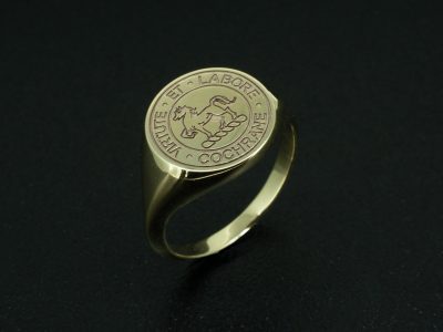 Ladies Family Crest Signet Ring, 9kt Yellow Gold Round Signet Design, Horse Engraving Detail