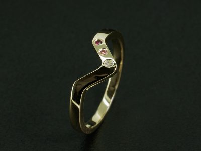 Ladies Pink Diamond Eternity Ring, 18kt Yellow Gold Secret Set Wishbone Shaped Design, Round Cut Ruby, Round Brilliant Cut Pink Sapphire and Diamond 1.4mm each