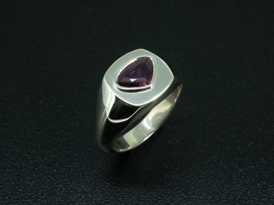 Ladies Ruby Signet Ring, Rubover Set Design, Triangle Cut Ruby