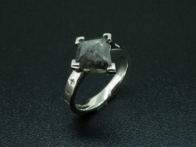 Ladies Salt and Pepper Diamond Solitaire Engagement Ring, Platinum Claw Set Design, Salt and Pepper Kite Shape Diamond, Star Engraving Detail to Band