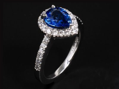 Ladies Sapphire and Diamond Halo Engagement Ring, Platinum Claw and Castle Set Design, Pear Cut Blue Sapphire 1.47ct, Round Brilliant Cut Lab Grown Diamonds 0.54ct Total (27)