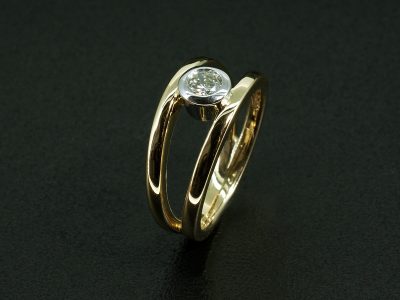 Ladies Solitaire Diamond Dress Ring, 18kt Yellow Gold and Platinum Split Band Design, Round Brilliant Cut Diamond 0.22ct