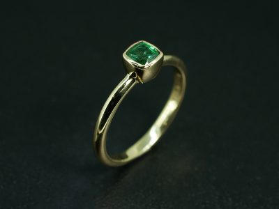 Ladies Solitaire Emerald Engagement Ring, 9kt Yellow Gold Rub over Set Design, Cushion Cut Emerald 0.39ct