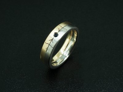 Gents Sapphire Wedding Ring, 9kt Yellow Gold and Platinum Secret Set Sapphire Design, Engraving Detail